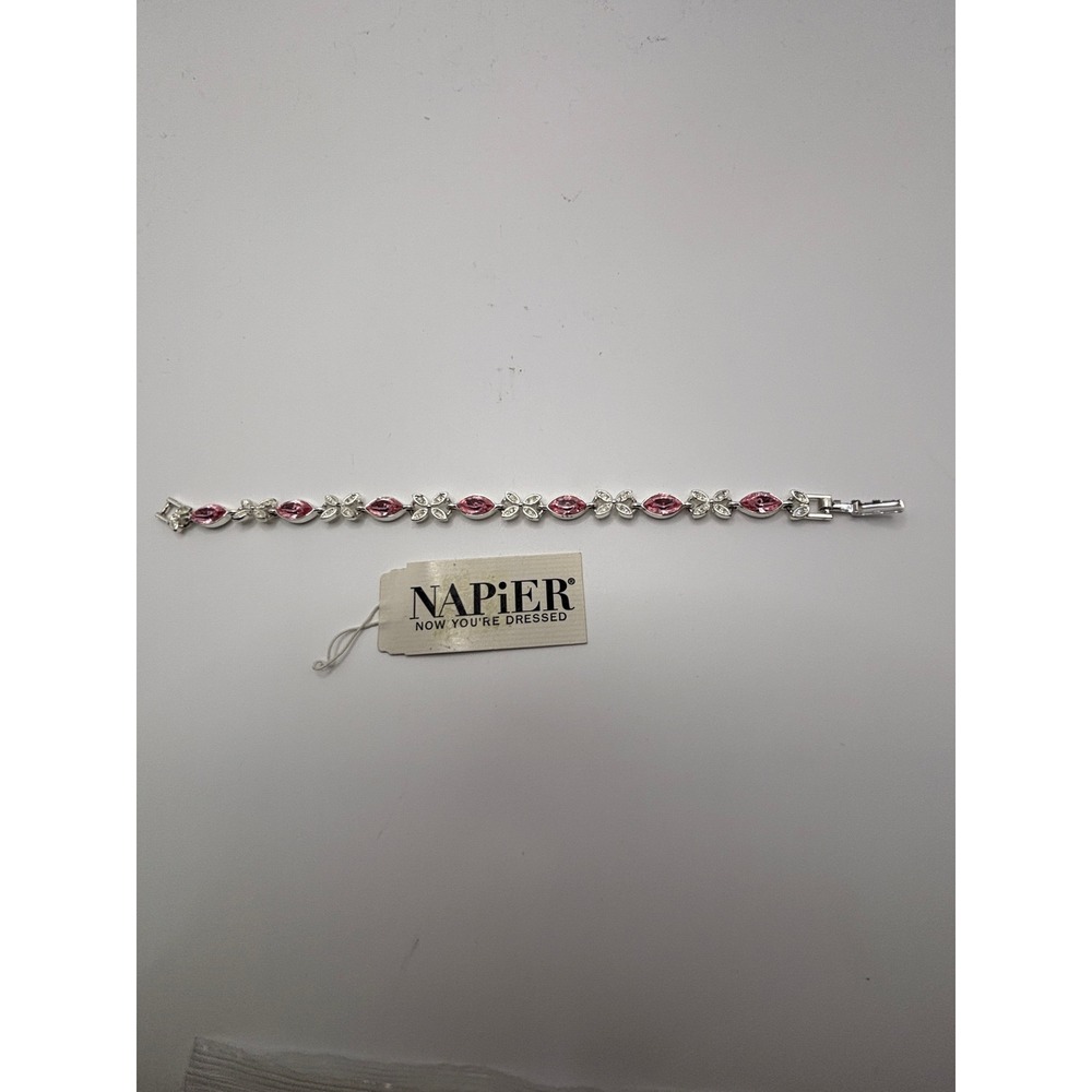 Napier Link Bracelet Womens 7" Silver Pink Marquise Rhinestone Floral Crystal